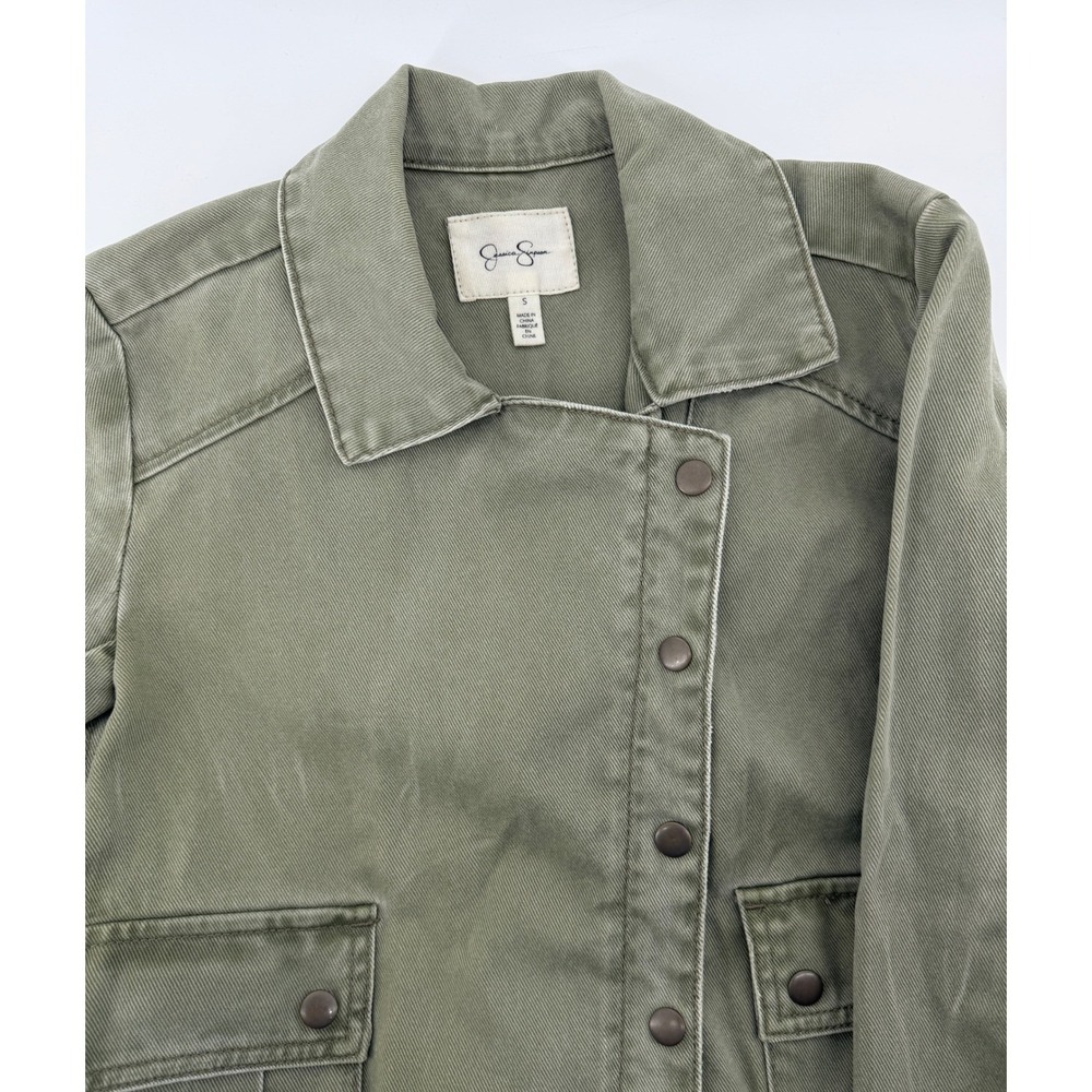 Jessica Simpson Womens Small Olive Green Asymmetrical Snap Front Cotton Jacket